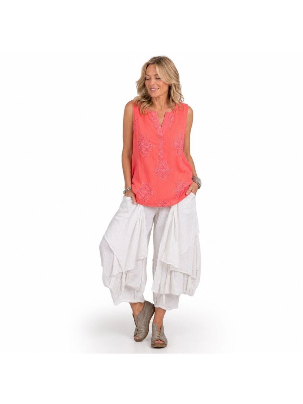 RXB Coral Sleeveless Tunic Top Embroidered Split Neckline L Resort Travel Casual